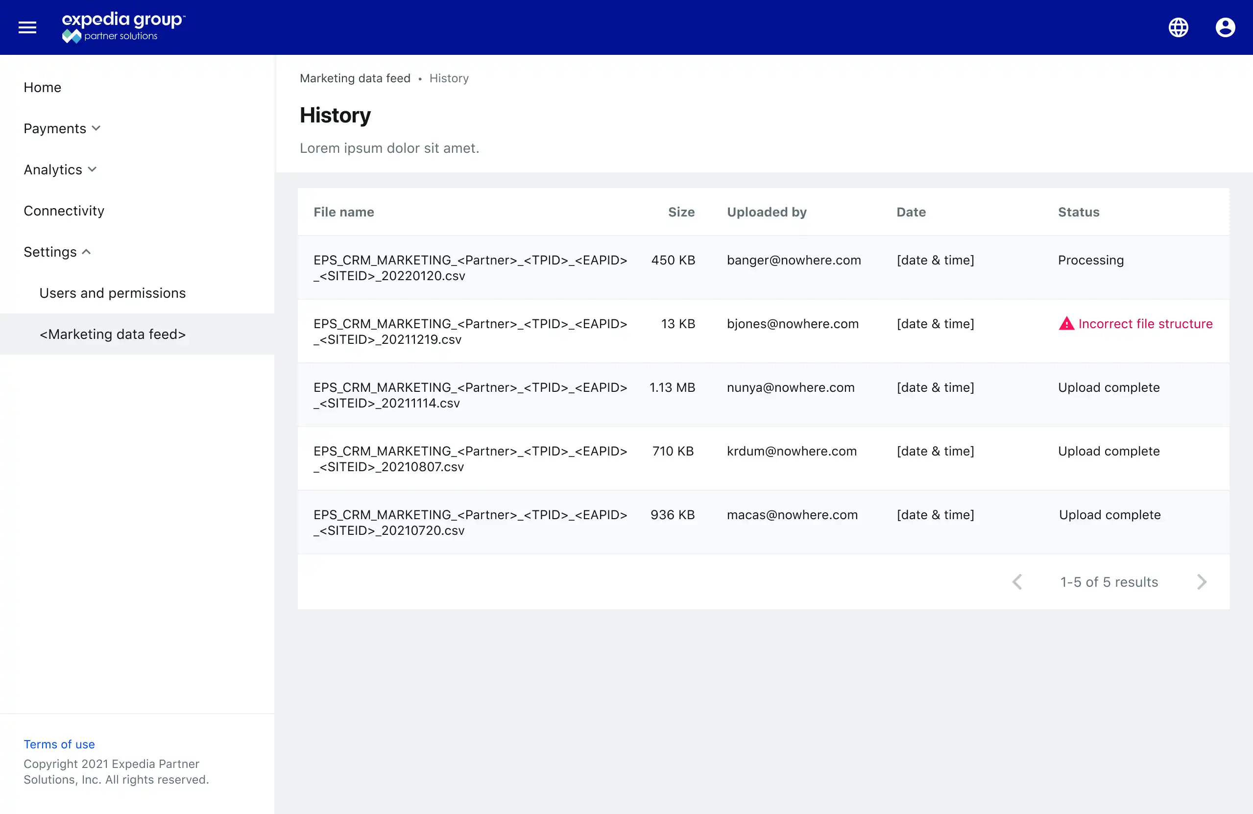 File history table that shows five columns: file name, size, uploaded by email address, date uploaded, and status