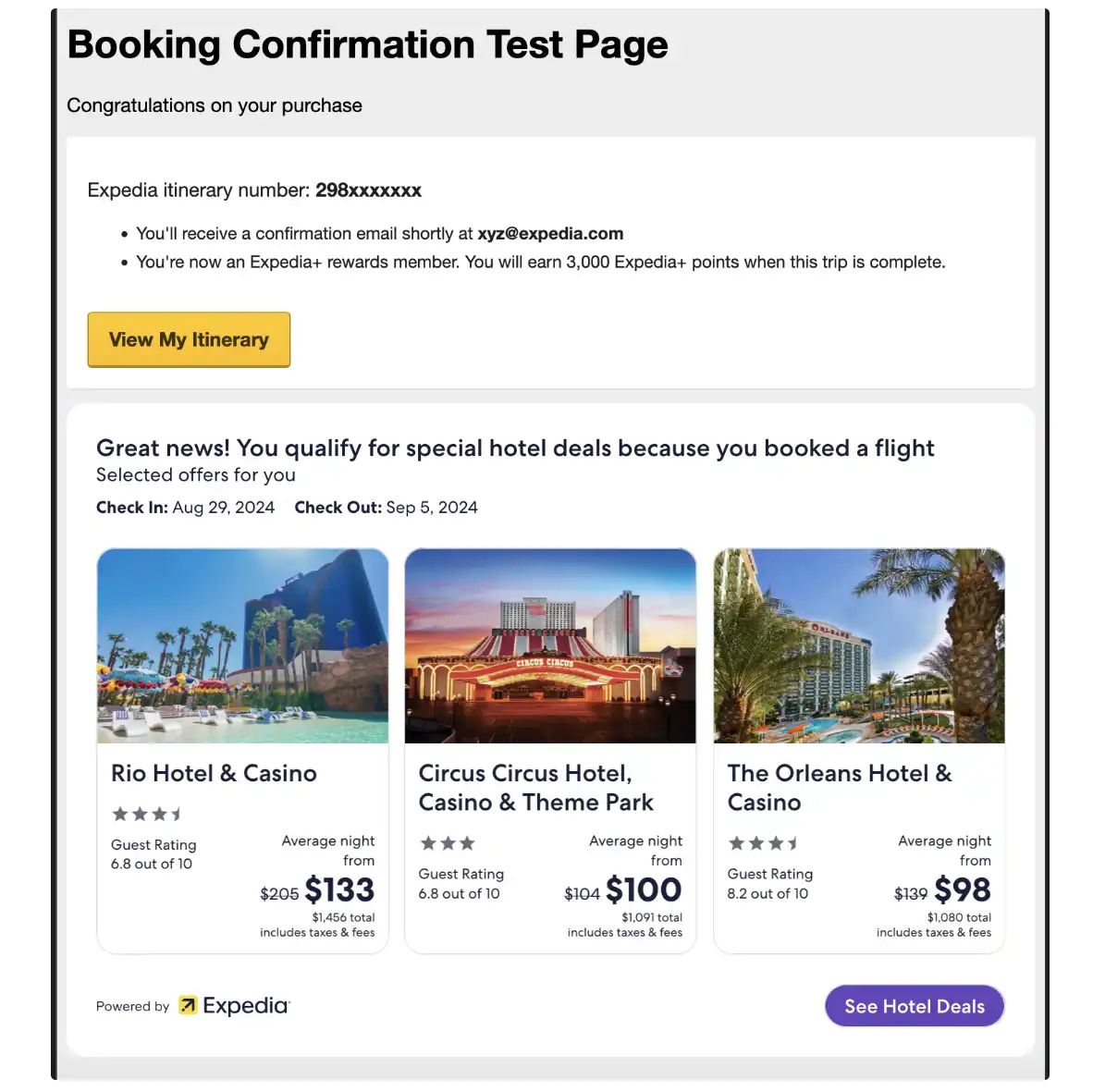 Page showing itinerary confirmation, then an embedded block with the title 'Great news! You qualify for special hotel deals because you booked a flight' and 3 hotel deal options