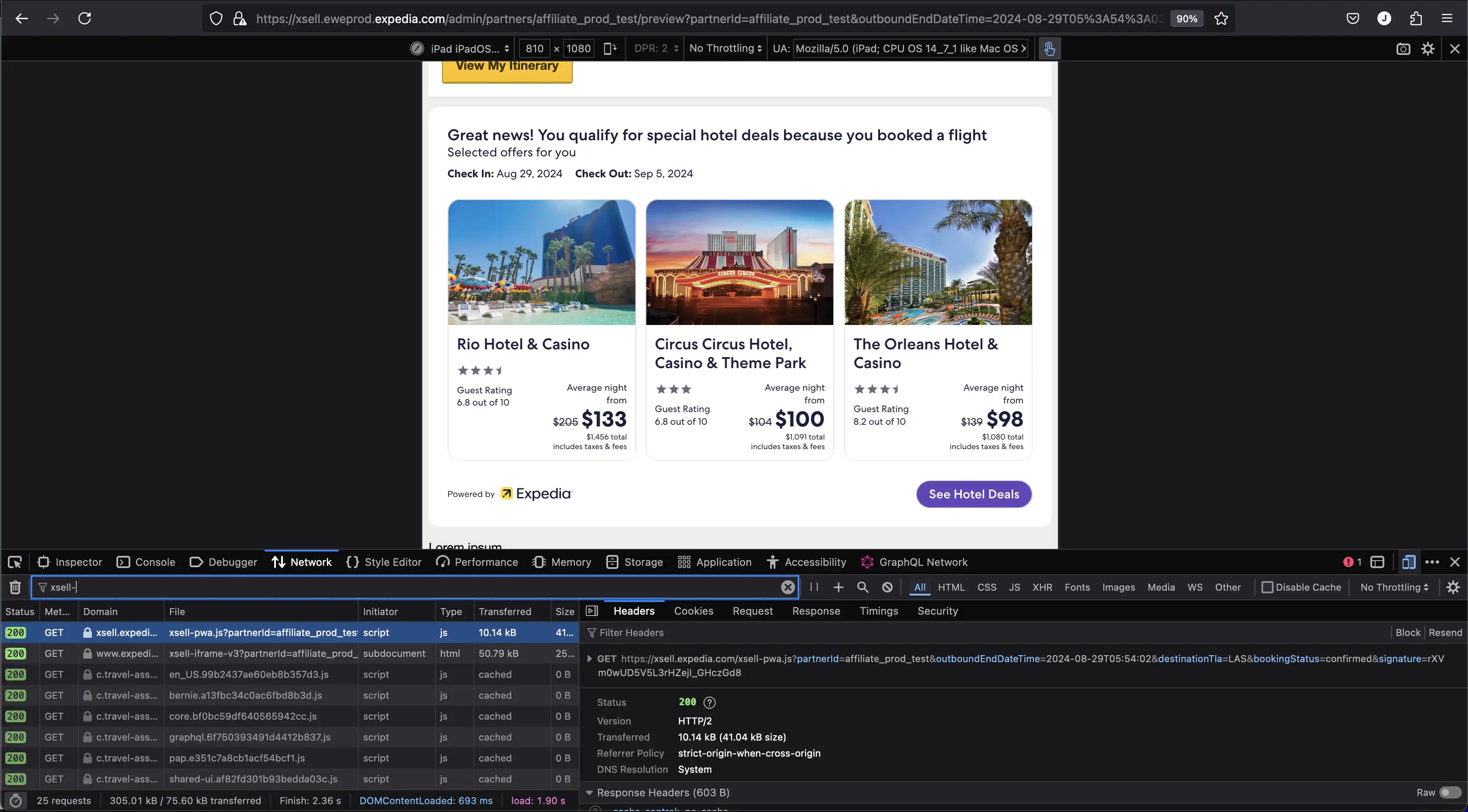 Browser and open developer pane showing the iframe with the heading 'Great news! You qualify for special hotel deals because you booked a flight' and 3 hotel options