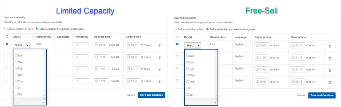 Define availability by schedule type/languages start time example