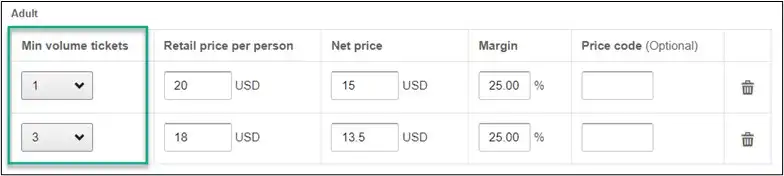Volume based pricing example showing discount for 3+ tickets