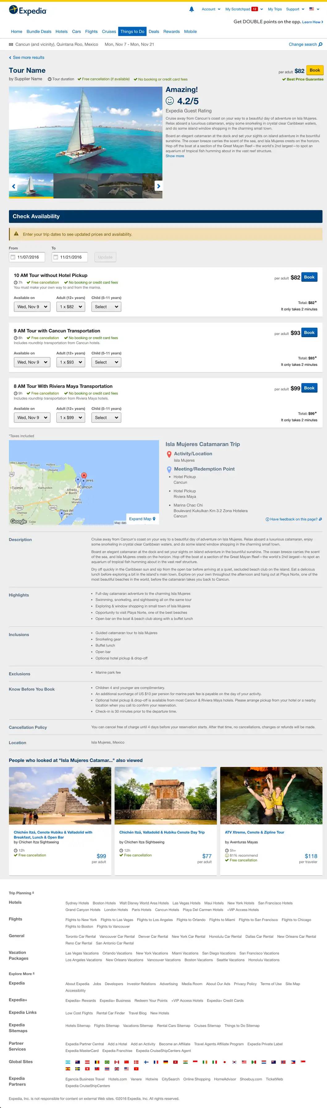 Example product listing on Expedia showing all sections of the product page