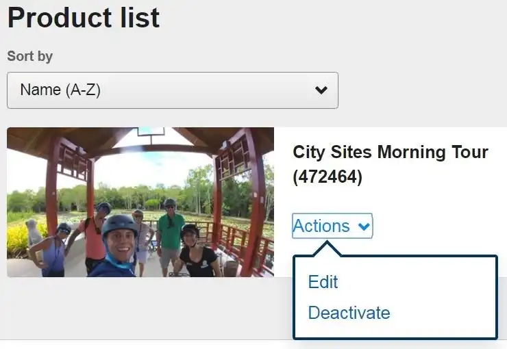 Product list page showing the Actions drop-down menu with Edit option