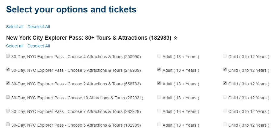 Ticket type selection