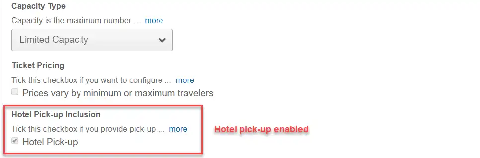 Screenshot showing the Hotel Pick-up checkbox option