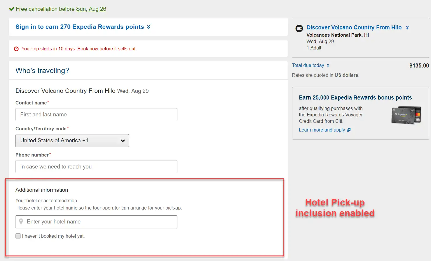 Screenshot showing the additional information box for hotel address