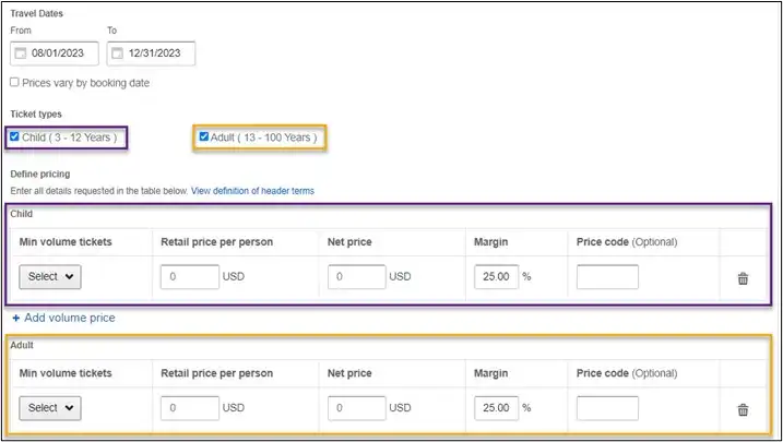 Ticket types selection interface showing adult and child options