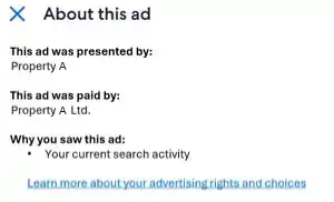 Pop-up display of advertising details example