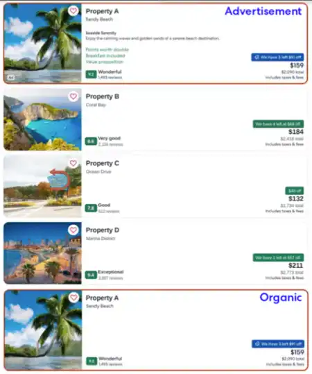 Duplicate organic and sponsored listing example