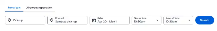 Search fields including pickup and dropoff locations and dates and times of rental