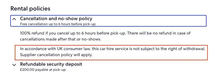 Rental policies modal with information circled that explains UK consumer law differences