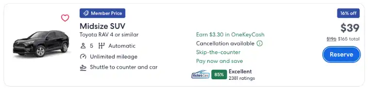 Search results showing type, vendor, and cost of car along with an image of a comparable vehicle