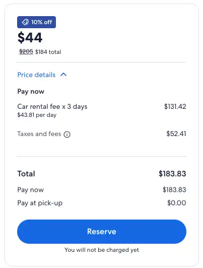 Car-only rental information with rate, discounted rate, total price of rental and tax/fee breakdown