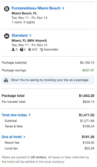 Package booking summary with hotel information, car information, and total price for all elements