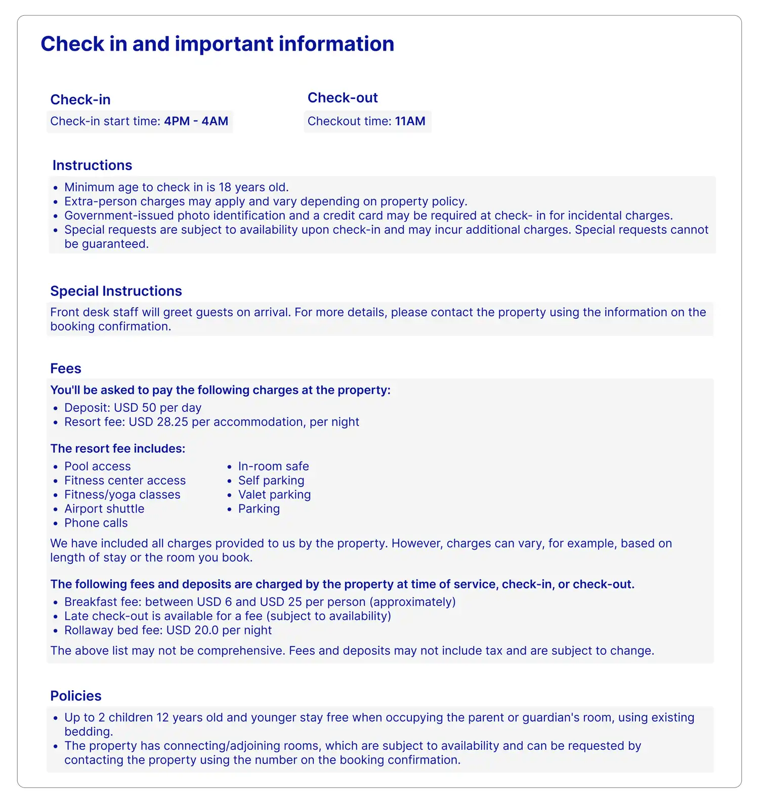 Expedia Group check-in and important information example