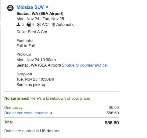 Booking page showing all elements listed above