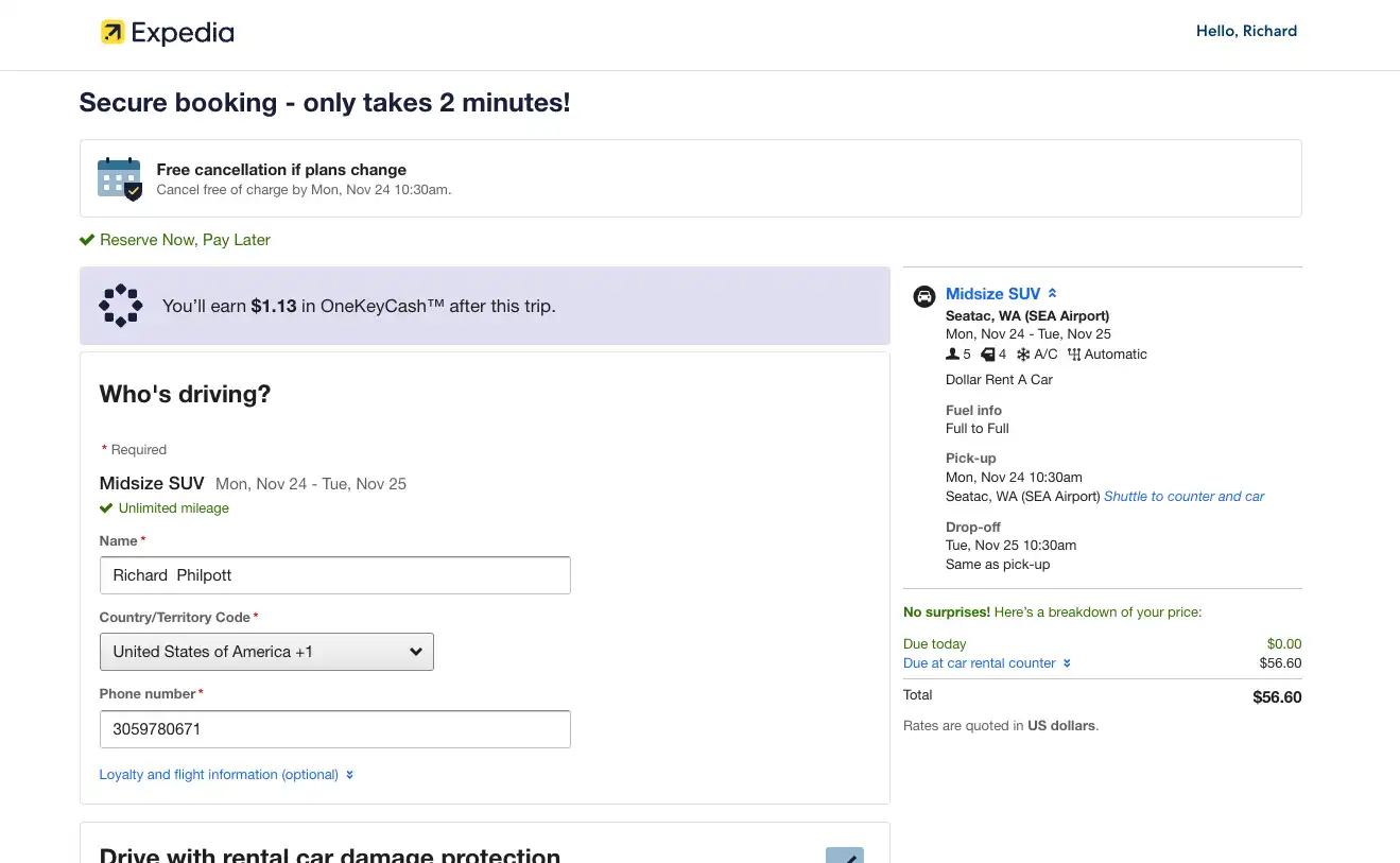 Booking page showing all elements listed above