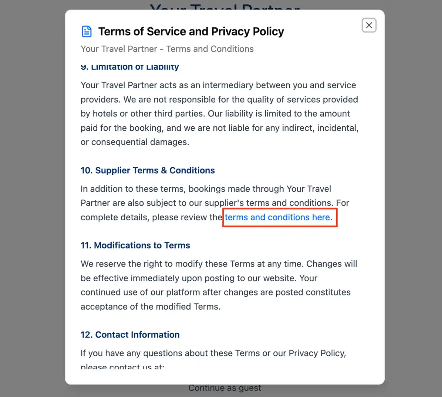 Include link to terms and conditions in the terms of service and privacy policy page