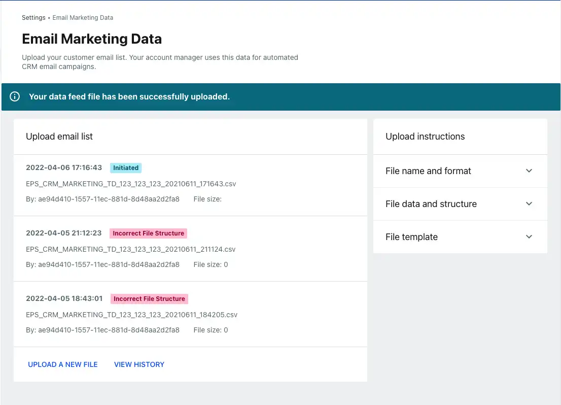 The Partner Portal status window with three files listed, one with an 'initiated' status and two with 'incorrect file structure' status
