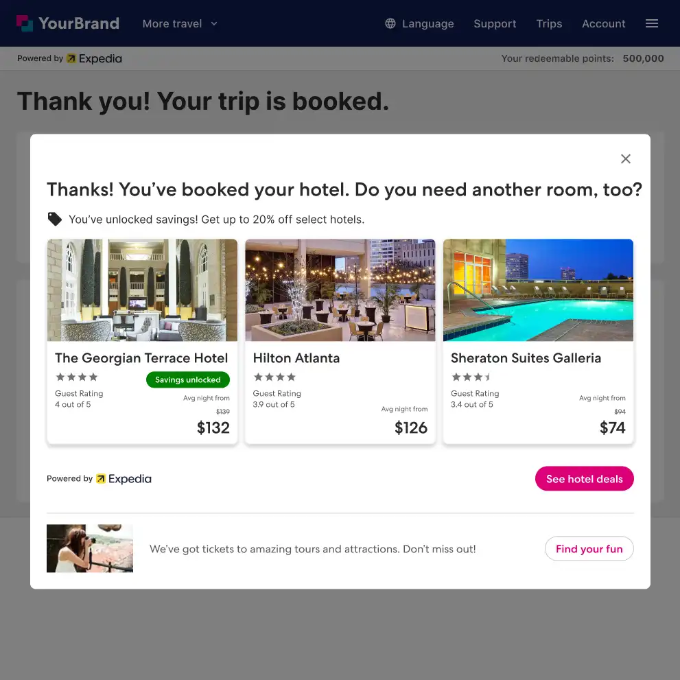 Overlaid screen with the heading 'Thanks! You've booked your hotel. Do you need another room too?' showing 3 options for additional rooms