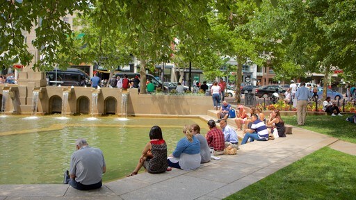 Back Bay showing a park and a pond as well as a small group of people