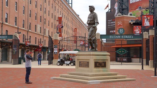 Downtown Baltimore toont een standbeeld of beeldhouwwerk en ook een man