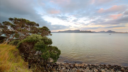 Whangarei which includes a pebble beach, a bay or harbour and a sunset