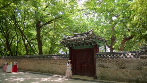 Changdeokgung-paleis toont een park en historisch erfgoed en ook een klein groepje mensen