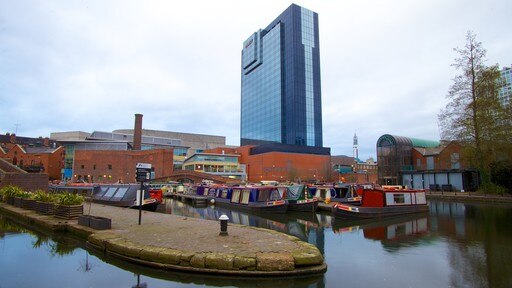 Birmingham showing modern architecture, a river or creek and a high-rise building