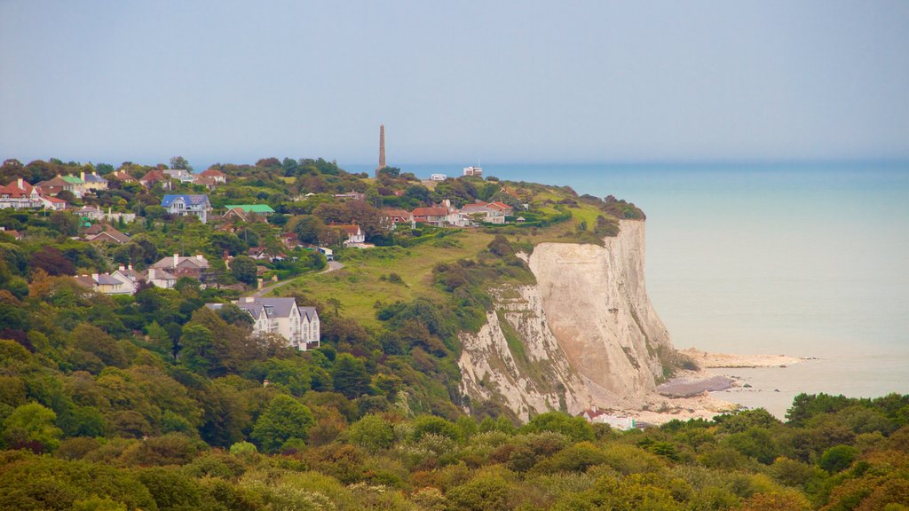 White Cliffs of Dover which includes rocky coastline, a coastal town and general coastal views