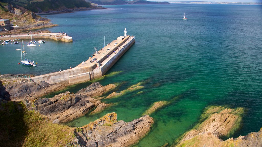 Mevagissey which includes general coastal views, rocky coastline and boating