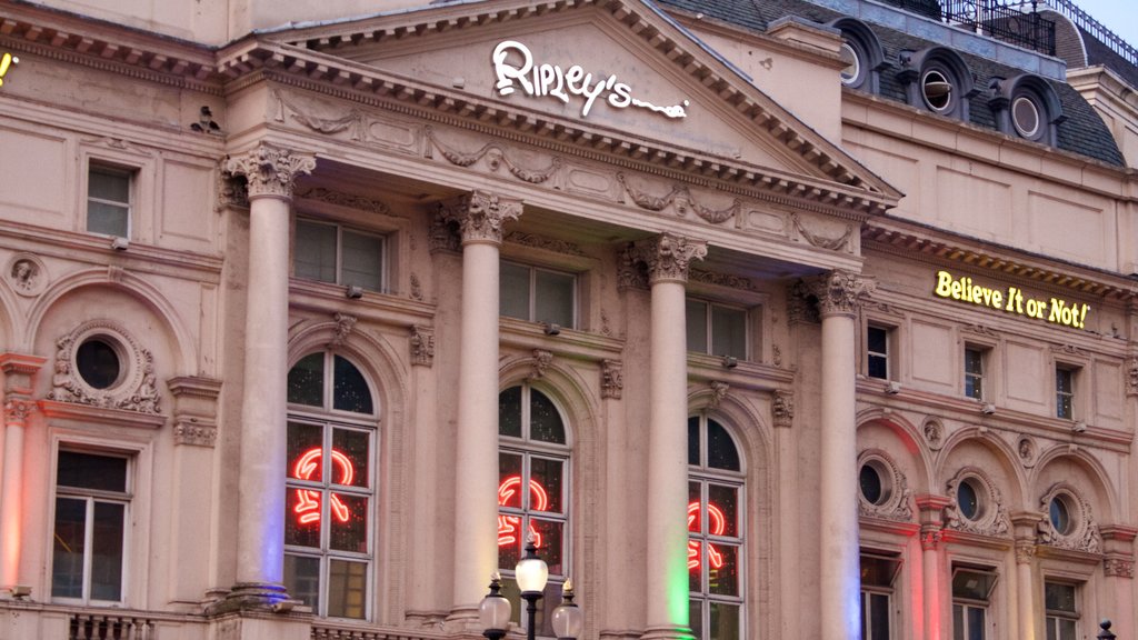 Piccadilly Circus featuring heritage architecture and signage