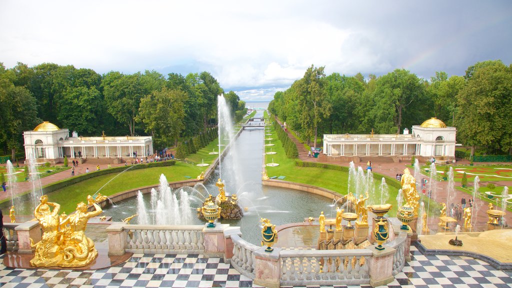 Peterhof-paladset og haven som viser et springvand og en have