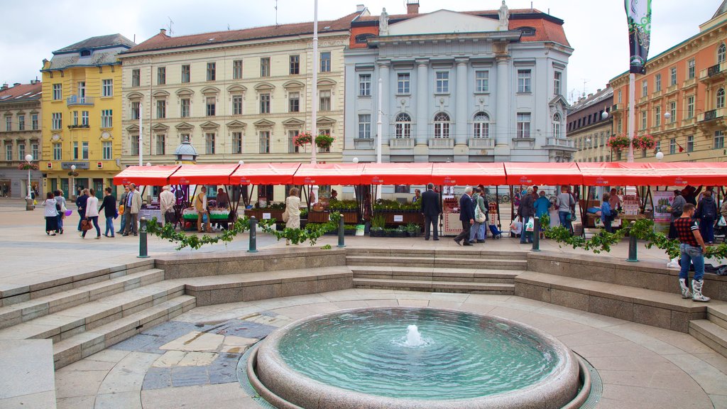 Ban Jelacic Square which includes markets, heritage architecture and a fountain