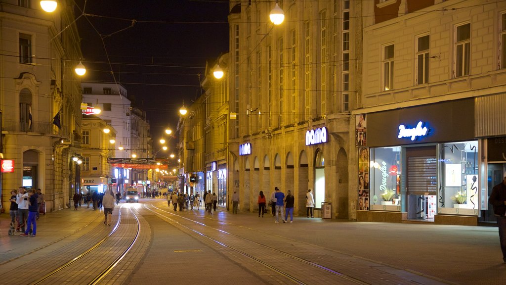 Ban Jelacic Square which includes night scenes, railway items and a square or plaza