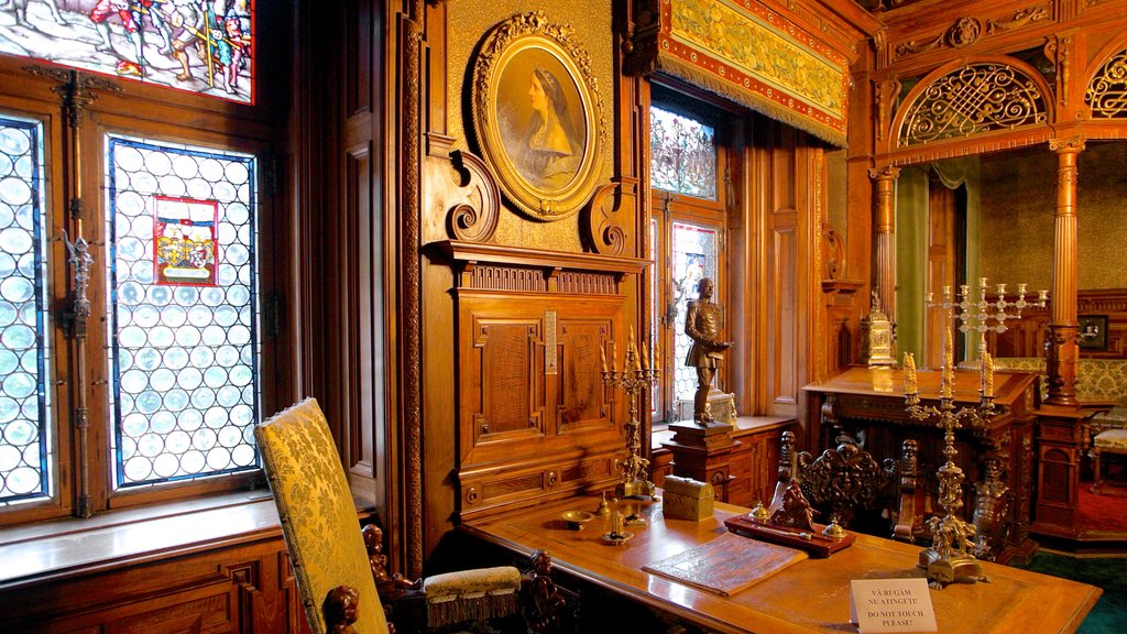 Peles Castle featuring a castle and interior views