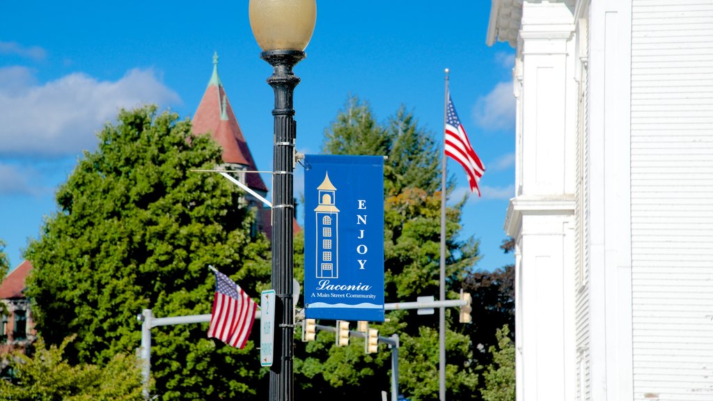 Laconia showing signage and a city