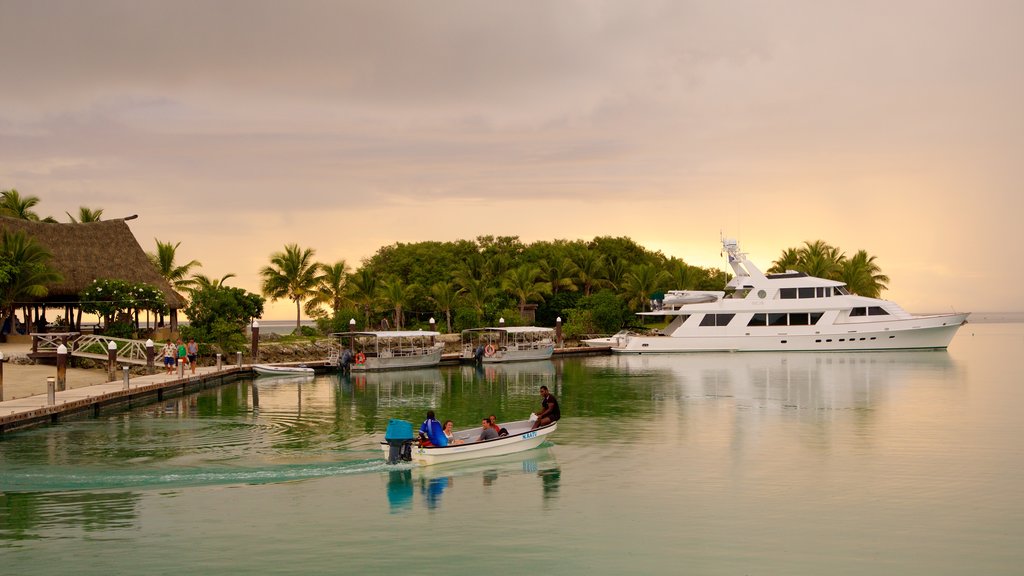 Musket Cove mostrando botes, escenas tropicales y un atardecer