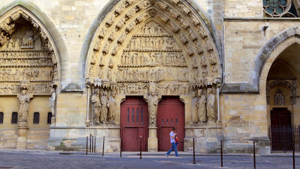 Cathédrale de Reims mettant en vedette éléments du patrimoine et architecture patrimoniale aussi bien que un homme seul