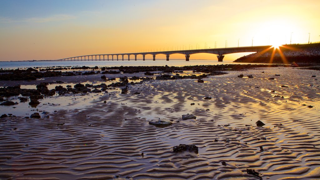 Ile de Re Bridge featuring a sunset and a bridge