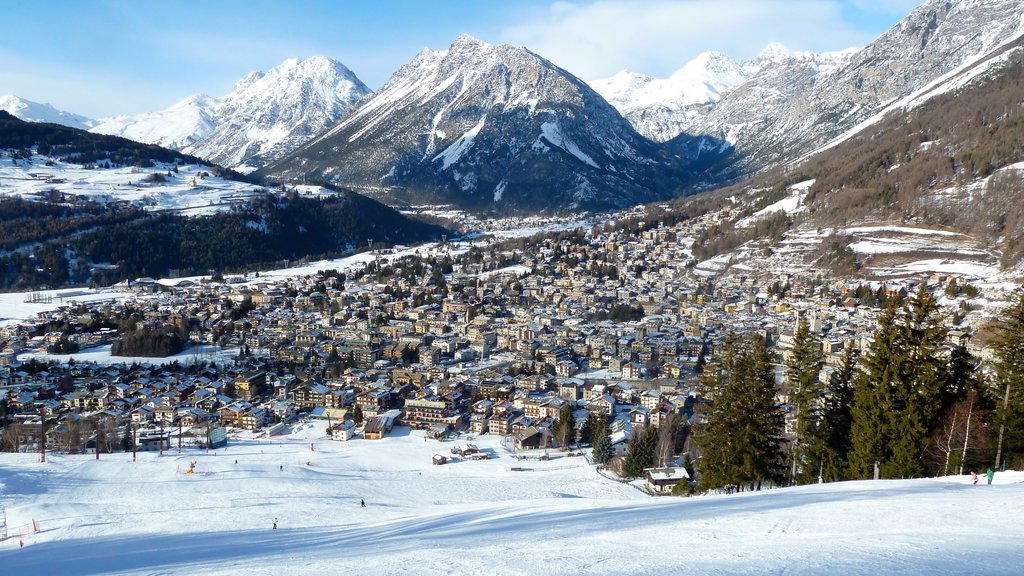 Bormio showing mountains, a small town or village and snow