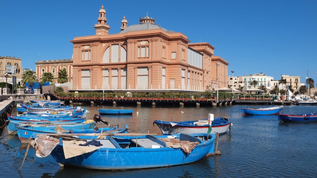 Bari que incluye vistas generales de la costa, paseos en lancha y una ciudad costera