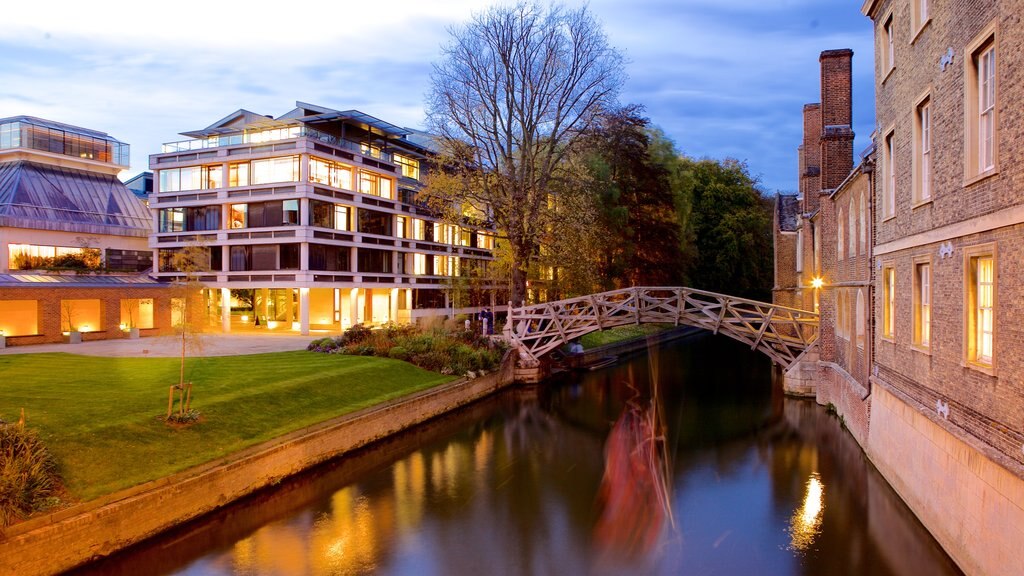 Mathematical Bridge which includes a bridge, a river or creek and night scenes