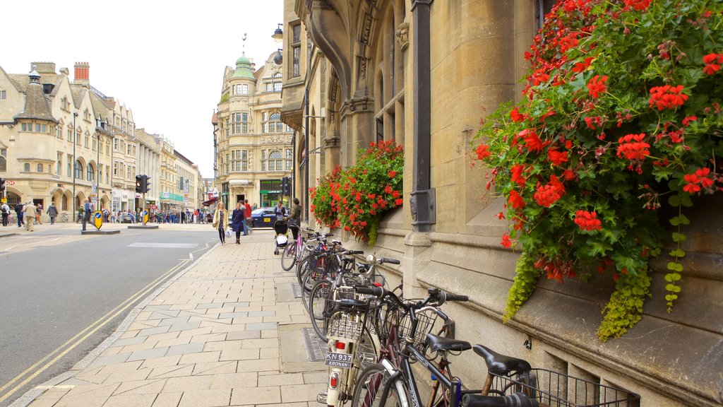 Oxford ofreciendo imágenes de calles y flores