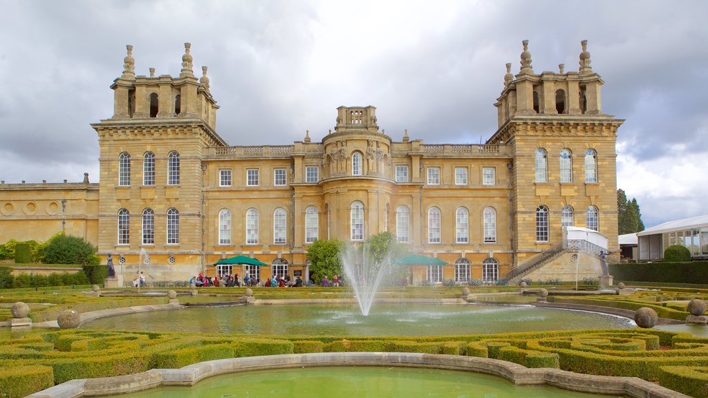 Blenheim Palace featuring a fountain, a garden and heritage elements