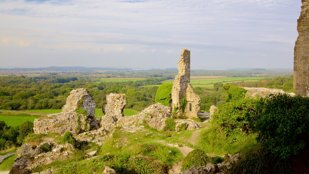 Corfe Castle som viser bygningsruiner, fredfyldte omgivelser og kulturarvsgenstande