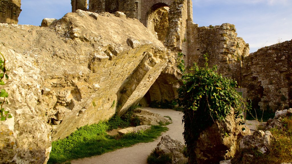 Corfe Castle que incluye elementos del patrimonio y ruinas de edificios