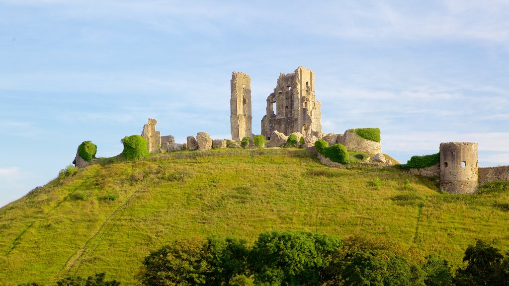 Corfe Castle which includes heritage elements, a castle and building ruins