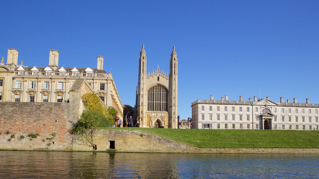 King\'s College Chapel featuring a church or cathedral, heritage elements and a river or creek