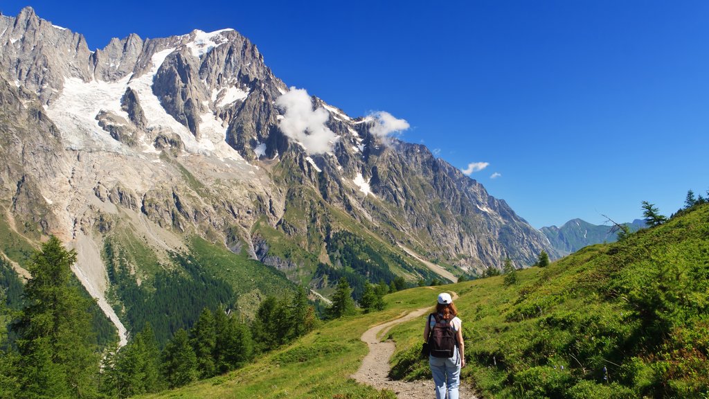 Courmayeur que inclui montanhas e escalada ou caminhada assim como uma mulher sozinha